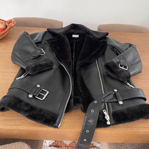 Avec Les Filles Oversized Faux Shearling Biker Jacket